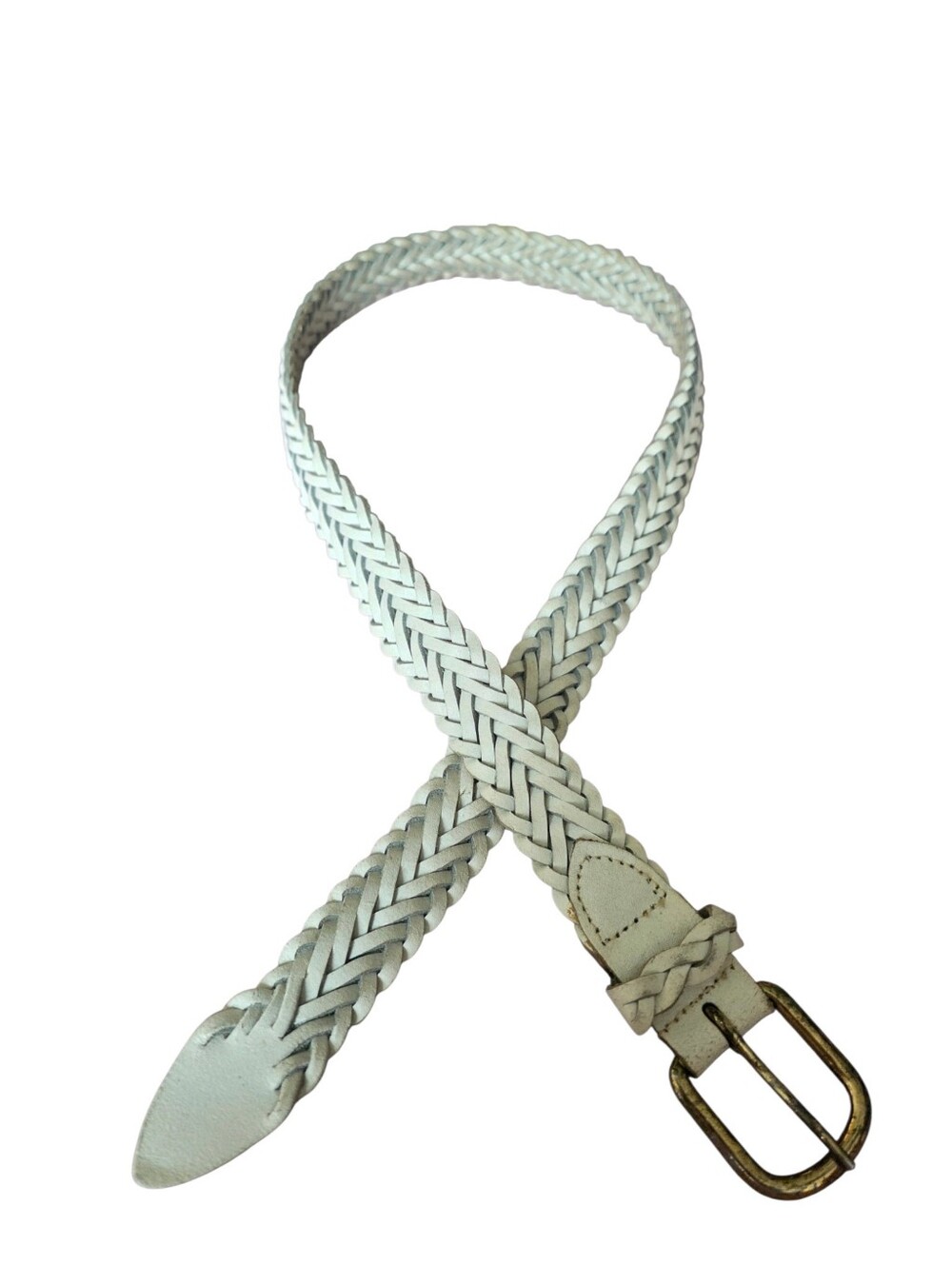 White Braided Leather Belt - Classic Woven Style Vintage